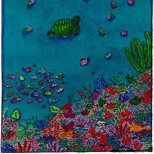 A drawing of life in the sea including coral, an octopus, a shark, a turtle, and a variety of other fish.